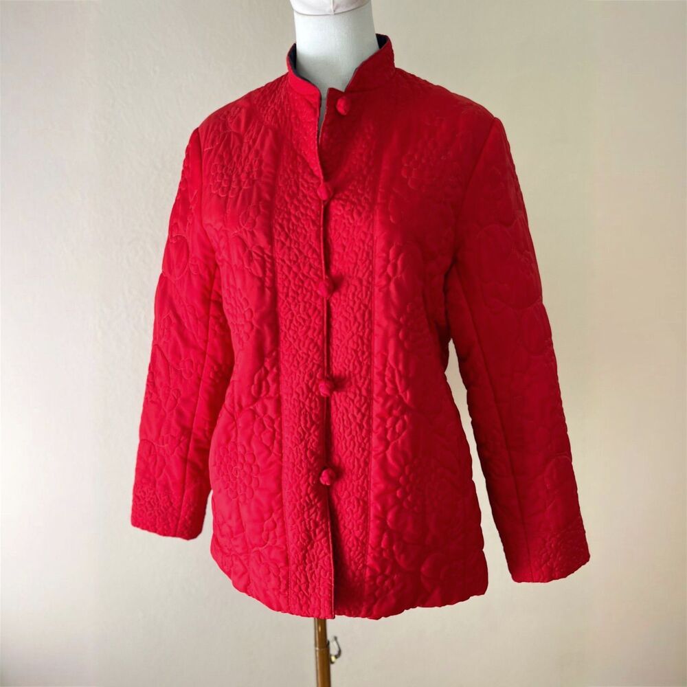 Vintage 90s Vibrant Red Quilted Tang Jacket Mandarin Collar Frog Closure Size M